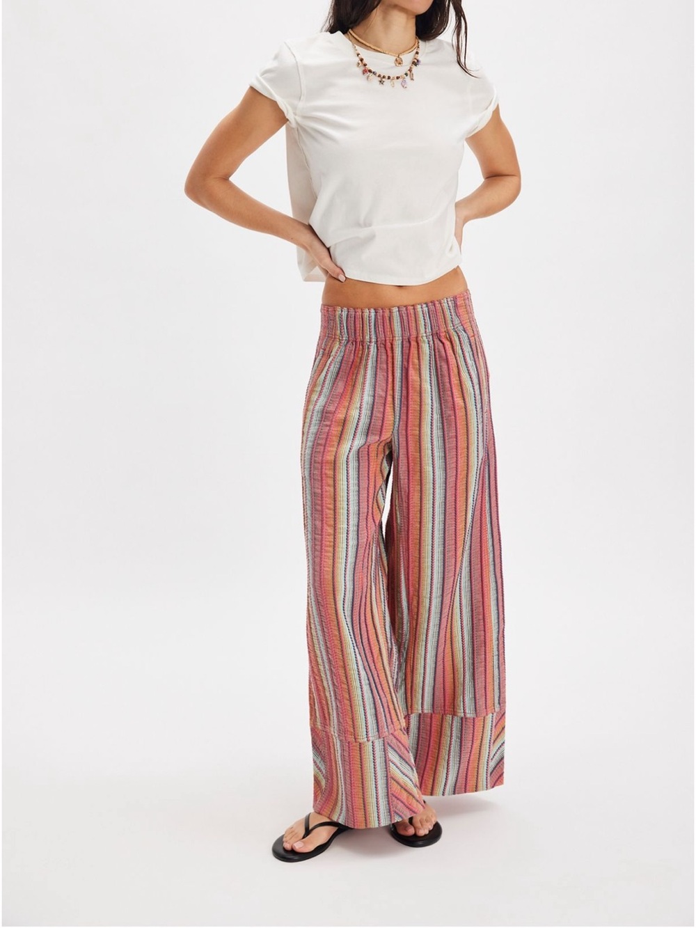 Free People Day’s End Linen Striped pull on pants in Red brown combo size small